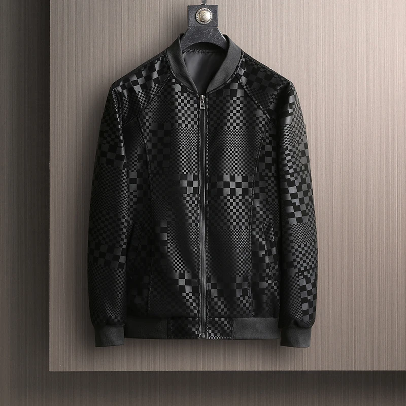 新款高级印花海宁皮衣春秋棒球服外套男士薄款皮夹克293