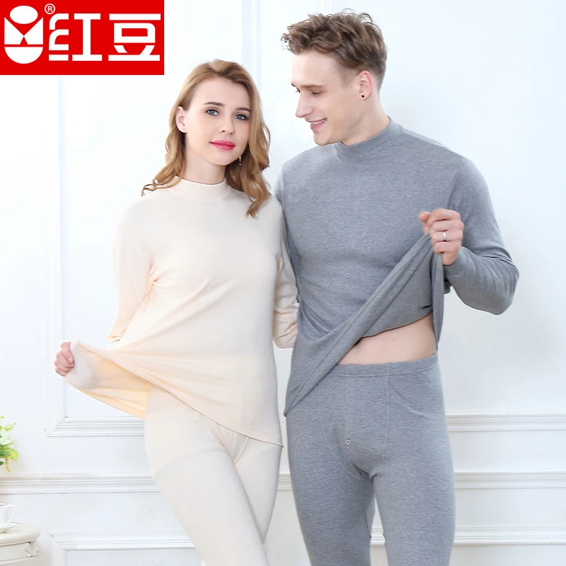 红豆100%男士纯棉精梳棉内衣套装中领保暖长袖秋冬季加厚大码全棉