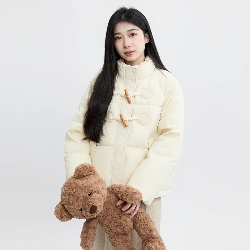 三福 冬季毛绒拼接领口牛角扣宽松加厚保暖外套棉衣489887