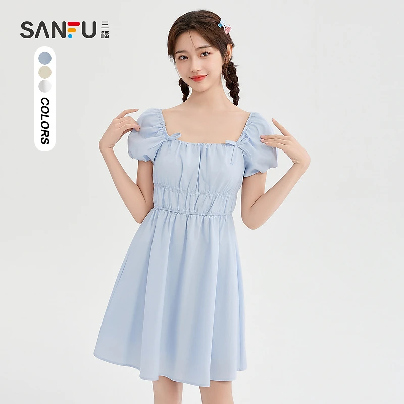 三福连衣裙2024夏季蝴蝶结碎花裙橡筋收腰方领裙子女装489178