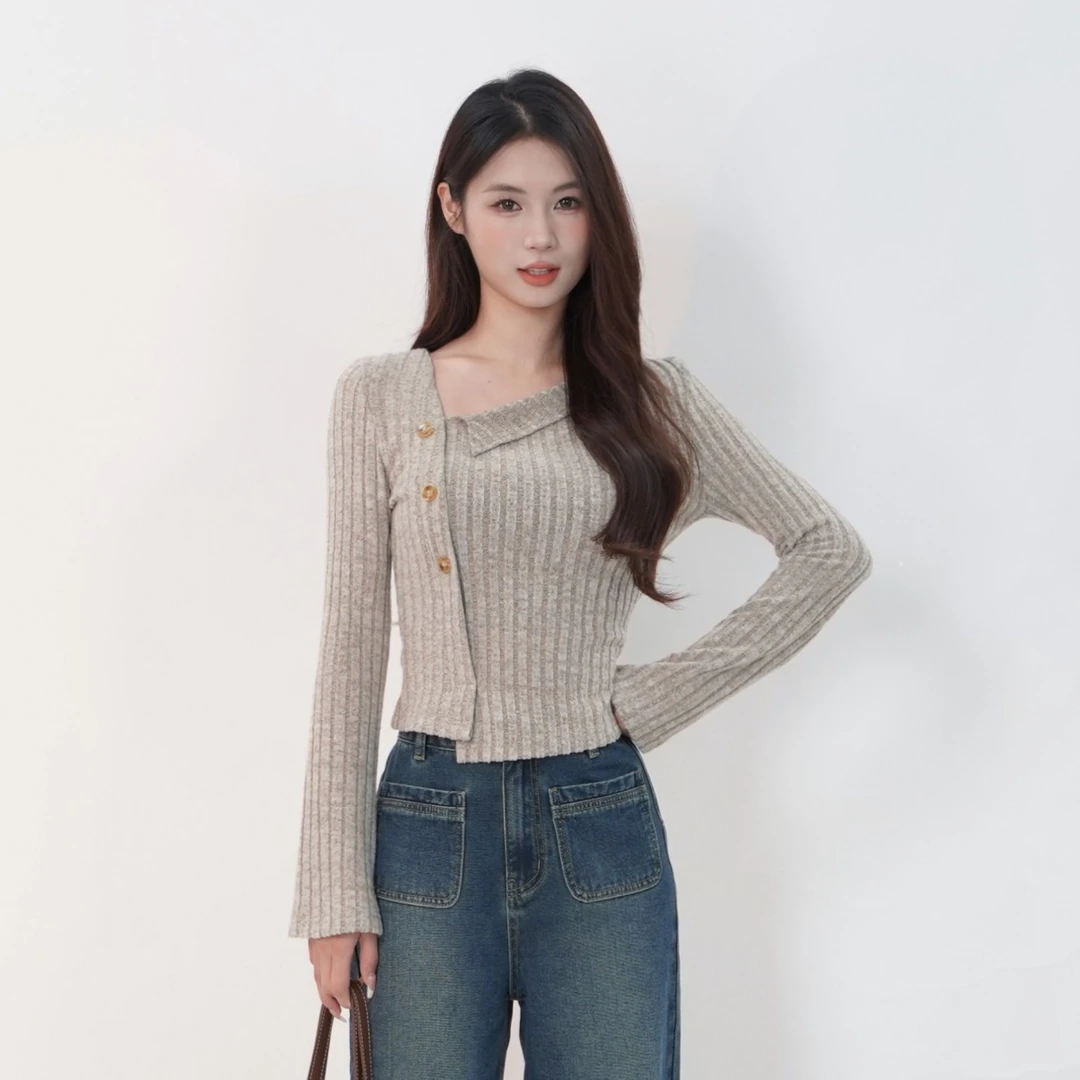 三福 女装法式长袖上衣柔软舒适设计感斜门襟时尚修身上衣479343