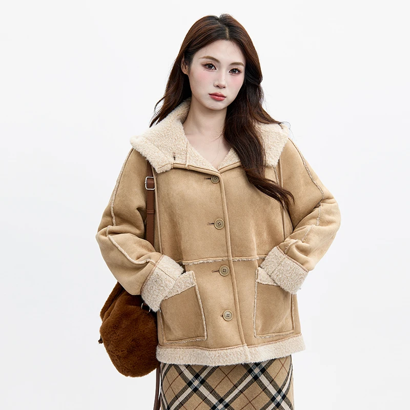 三福 冬季韩系减龄气质加绒美拉德休闲宽松加厚厚外套494507