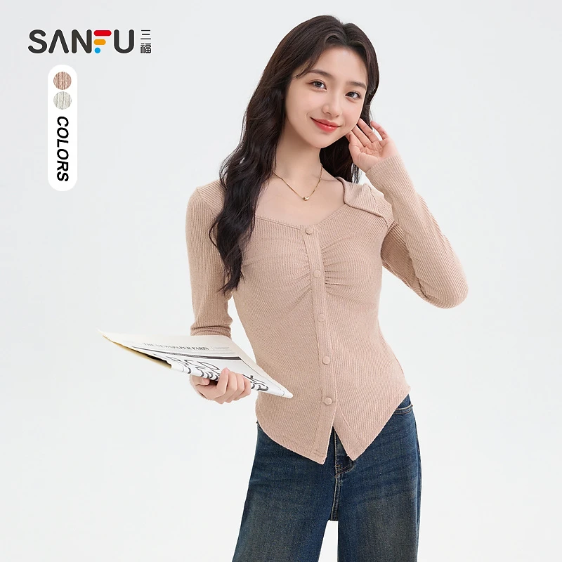 三福长T恤2024冬季褶皱开叉V领长袖时尚休闲上衣女装495177