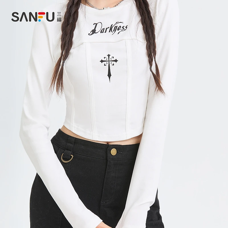 三福短款修身长t恤2023秋个性图案弧形下摆圆领百搭上衣女474432