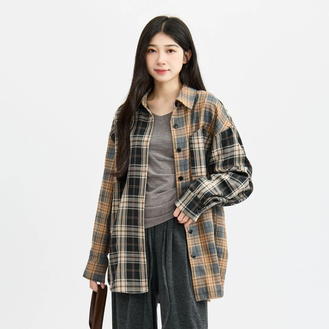 三福 秋季格子衬衫长袖休闲百搭复古宽松韩版中长款时尚 493259