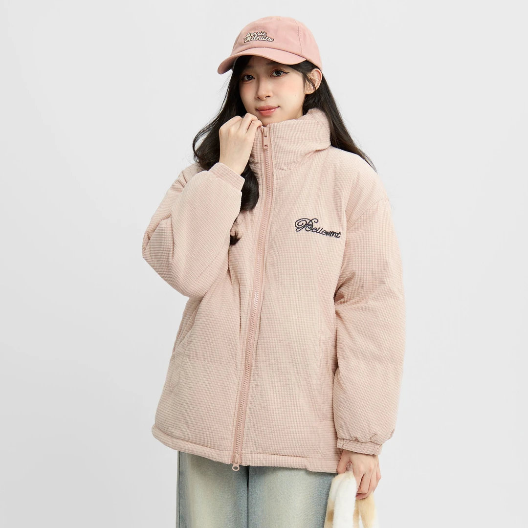 三福 冬季厚款华夫格女款休闲加厚保暖秋冬立领时尚棉服 495280