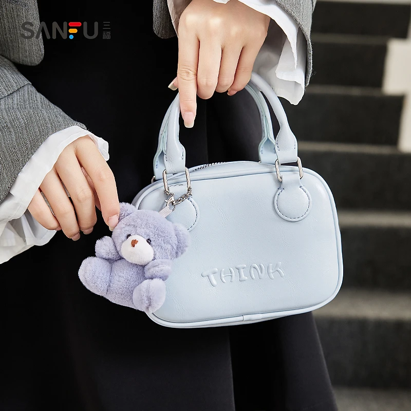 三福手提包冬季甜美淑女小熊挂件韩系枕头包斜挎包女包489875