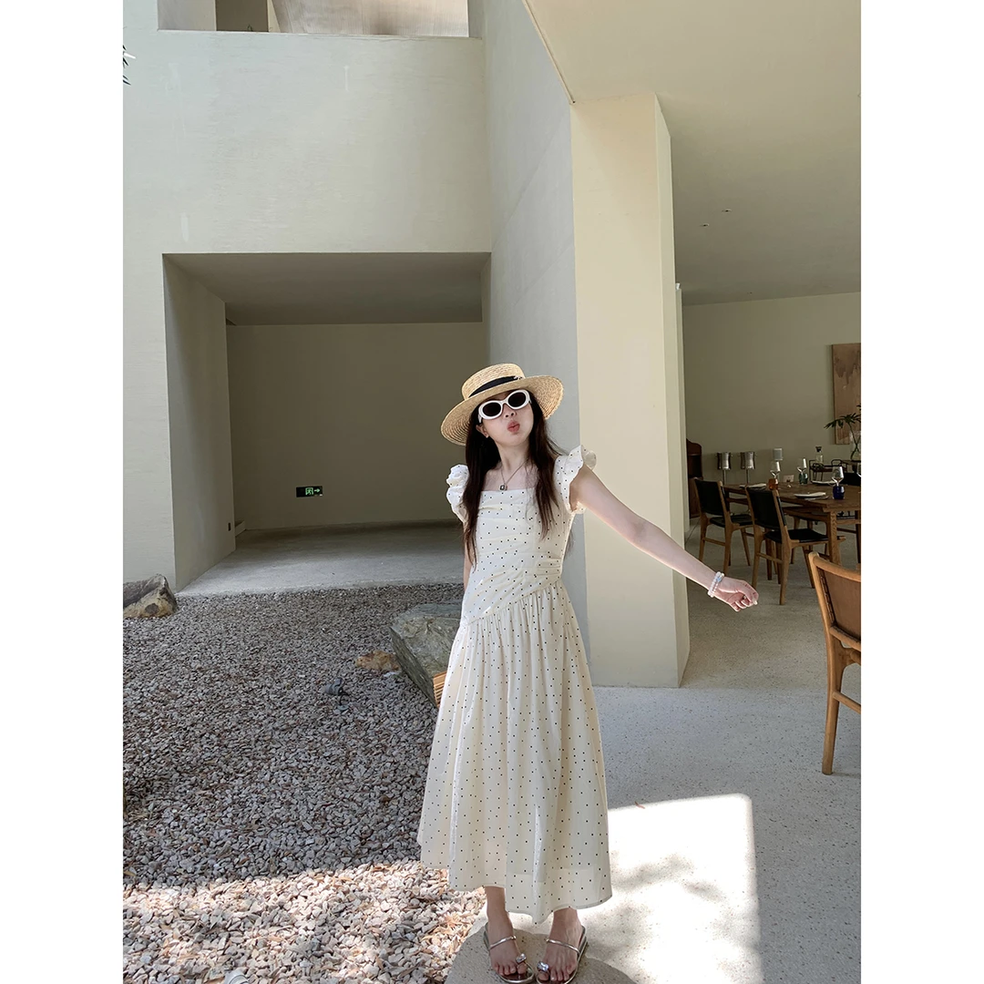 EVNSTYLE “夏日清甜”中长款不规则波点小飞袖A字吊带背心连衣裙