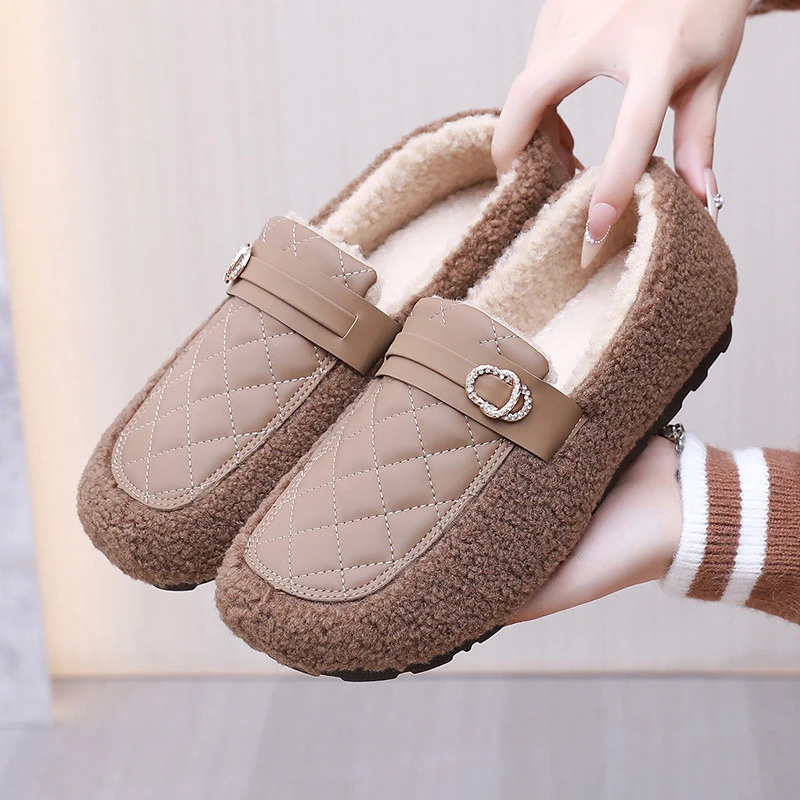 2024女秋冬新款加厚时尚毛毛豆豆鞋一脚蹬保暖防滑孕妇妈妈鞋棉鞋