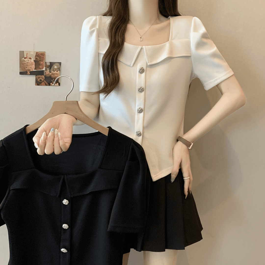 【团团】2024夏季新款法式简约百搭方领短袖上衣百搭减龄设计感T恤