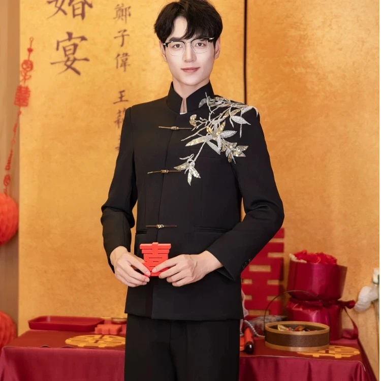 小众高级黑色立领结婚订婚礼服2025年新款新中式中山装套装男