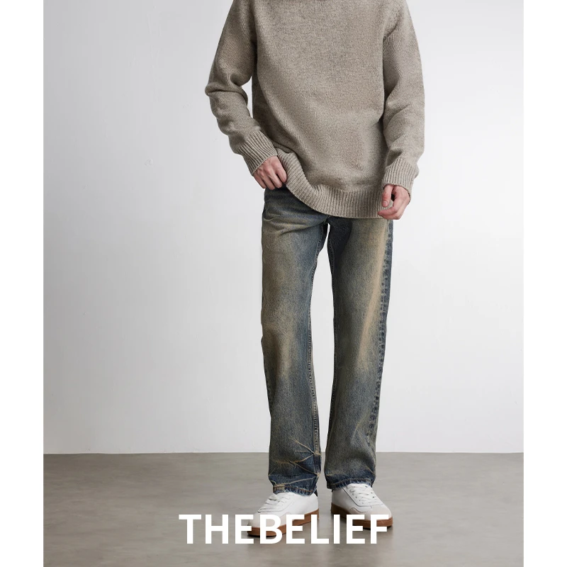 24712#复古水洗做旧泥染色调Dirtyfit宽松直筒牛仔裤男