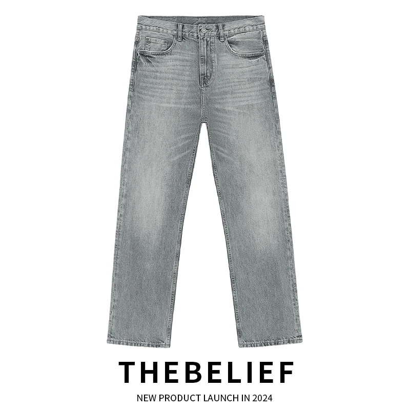 24660#澳棉水洗做旧雾霾灰牛仔裤男士宽松直筒百搭vibe风长裤