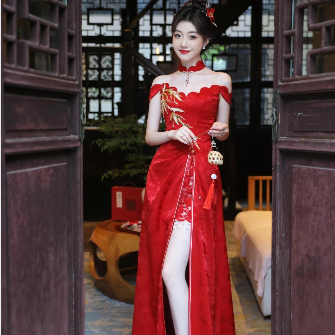 敬酒服2024新款新娘酒红色夏季平时可穿纱袖订婚连衣裙出阁宴礼服