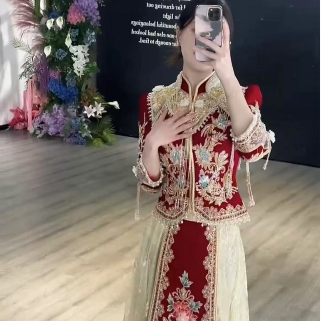 秀禾服2024新款酒红中式嫁衣修身显瘦重手工立体裁剪奢华重工