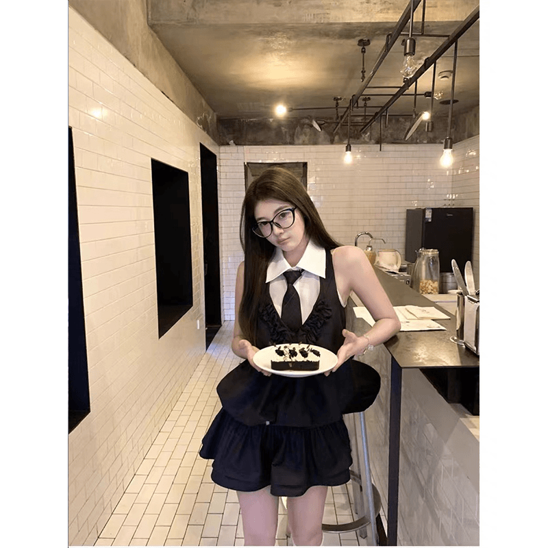 【时髦书呆子】叠花边无袖V领假两件连衣裙2024夏季新款