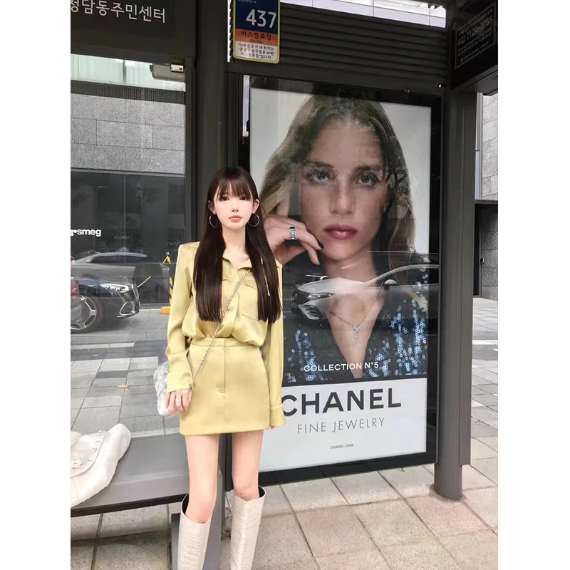 【质感清冷】2024秋新款气质仿醋酸垂坠光泽感衬衫配高腰显瘦半身裙