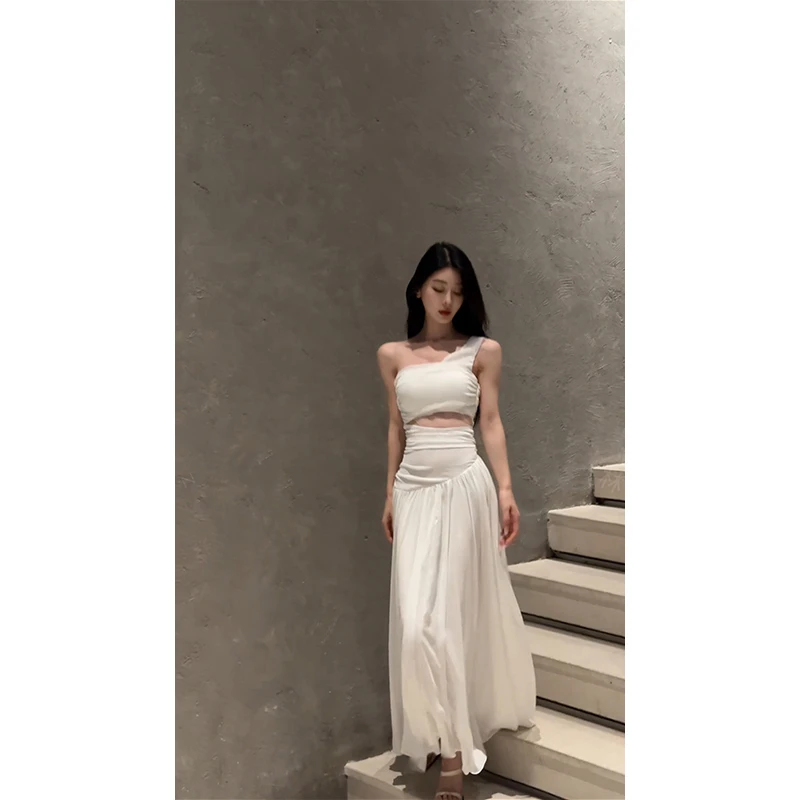 【掌管浪漫的神】chic网红气质度假风斜肩拼纱长裙法式连衣裙夏新款