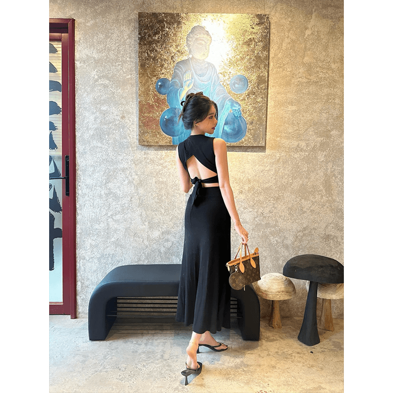 2024年夏季新款ins御姐范露背蝴蝶结修身上衣+高腰半身裙两件套装