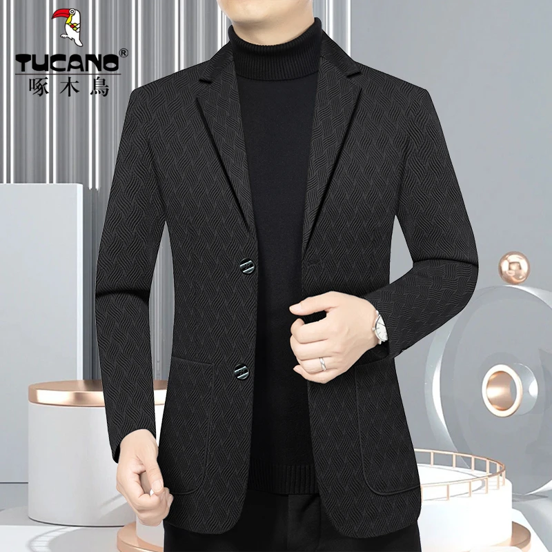TUCANO/啄木鳥新款男士高档外套春秋格子小西服男装西装领水波纹
