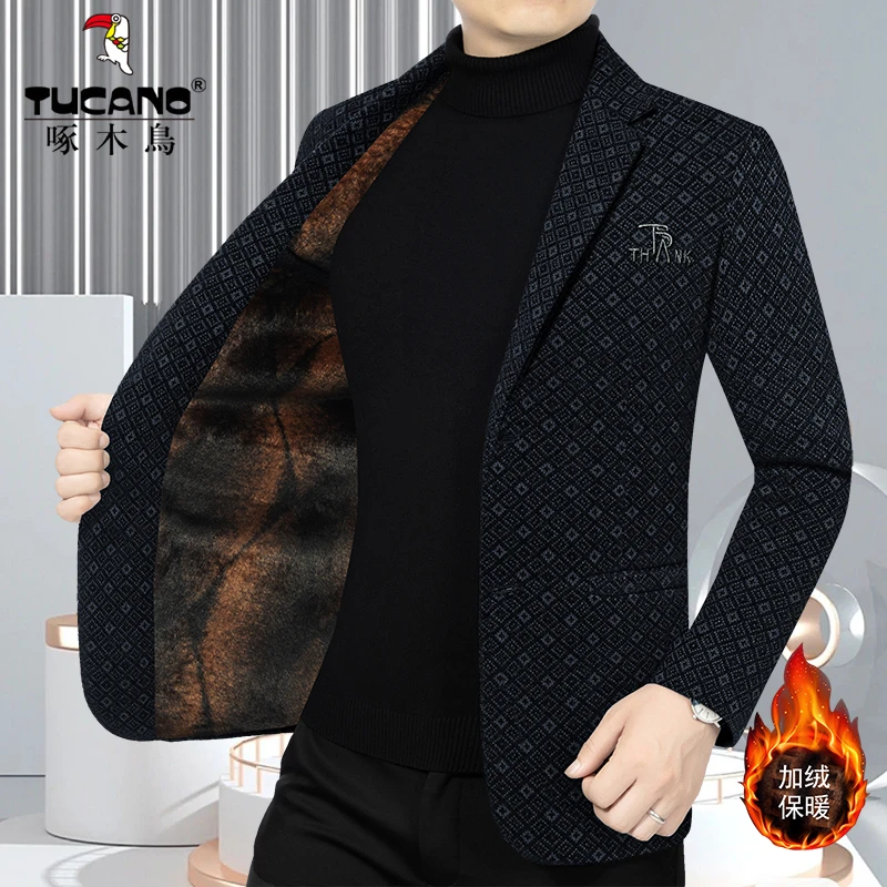 啄木鸟男士新款高档商务休闲加绒加厚西服秋冬季保暖男装外套西装