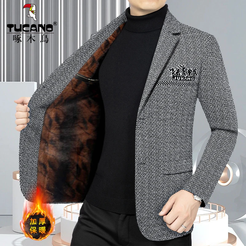 啄木鸟正品西装领夹克男士秋冬季外套中年男装高档男装西服上衣潮