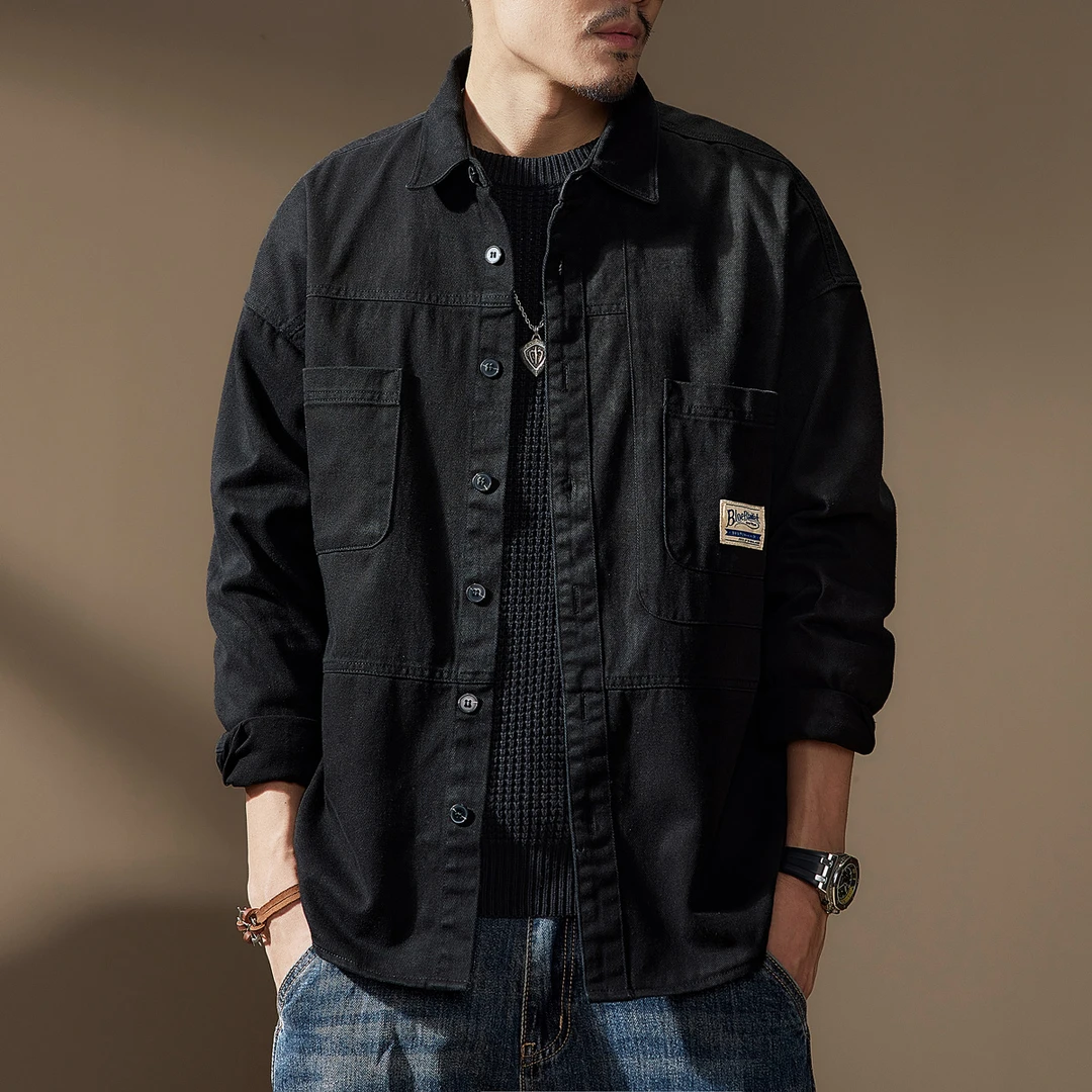 高端美式重磅黑色工装衬衫男士春秋新款复古外套休闲衬衣宽松夹克
