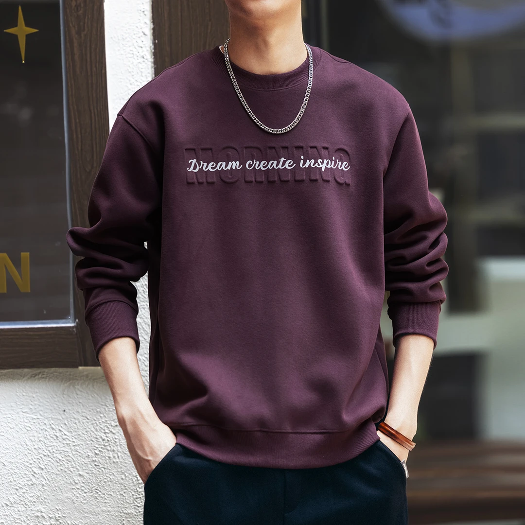 格蓝鹿美式复古重磅字母钢印圆领卫衣男秋季新款休闲长袖打底衫男