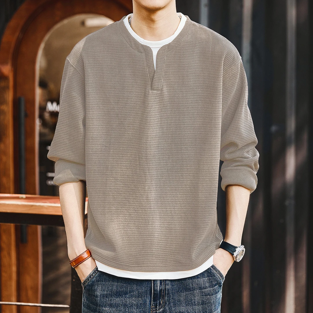 格蓝鹿复古重磅假两件长袖T恤男秋季加绒宽松双层V领休闲上衣男装