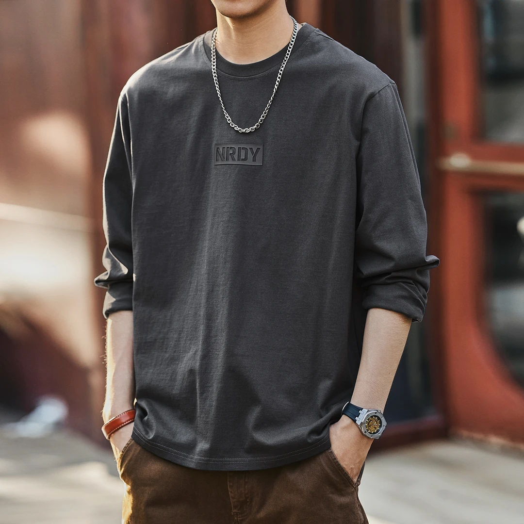 格蓝鹿高端美式潮牌简约男士长袖T恤宽松秋季新款内搭圆领打底衫