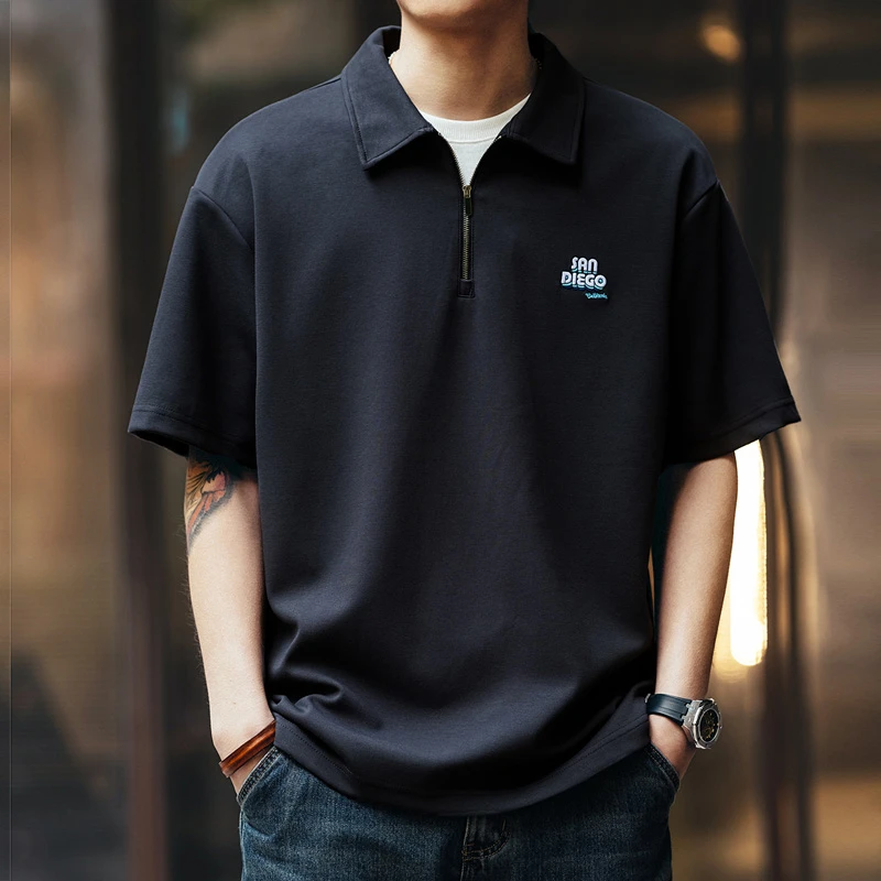 格蓝鹿高端短袖Polo衫男士翻领半拉链夏季潮流升级华夫格宽松T恤