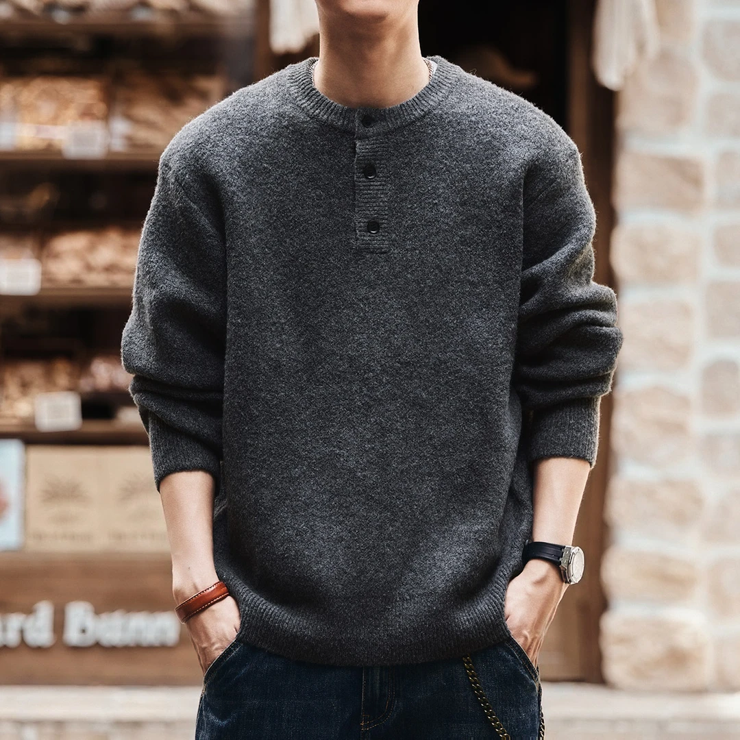 格蓝鹿美式复古亨羊毛混纺利领男士毛衣冬季宽松加厚保暖针织衫男