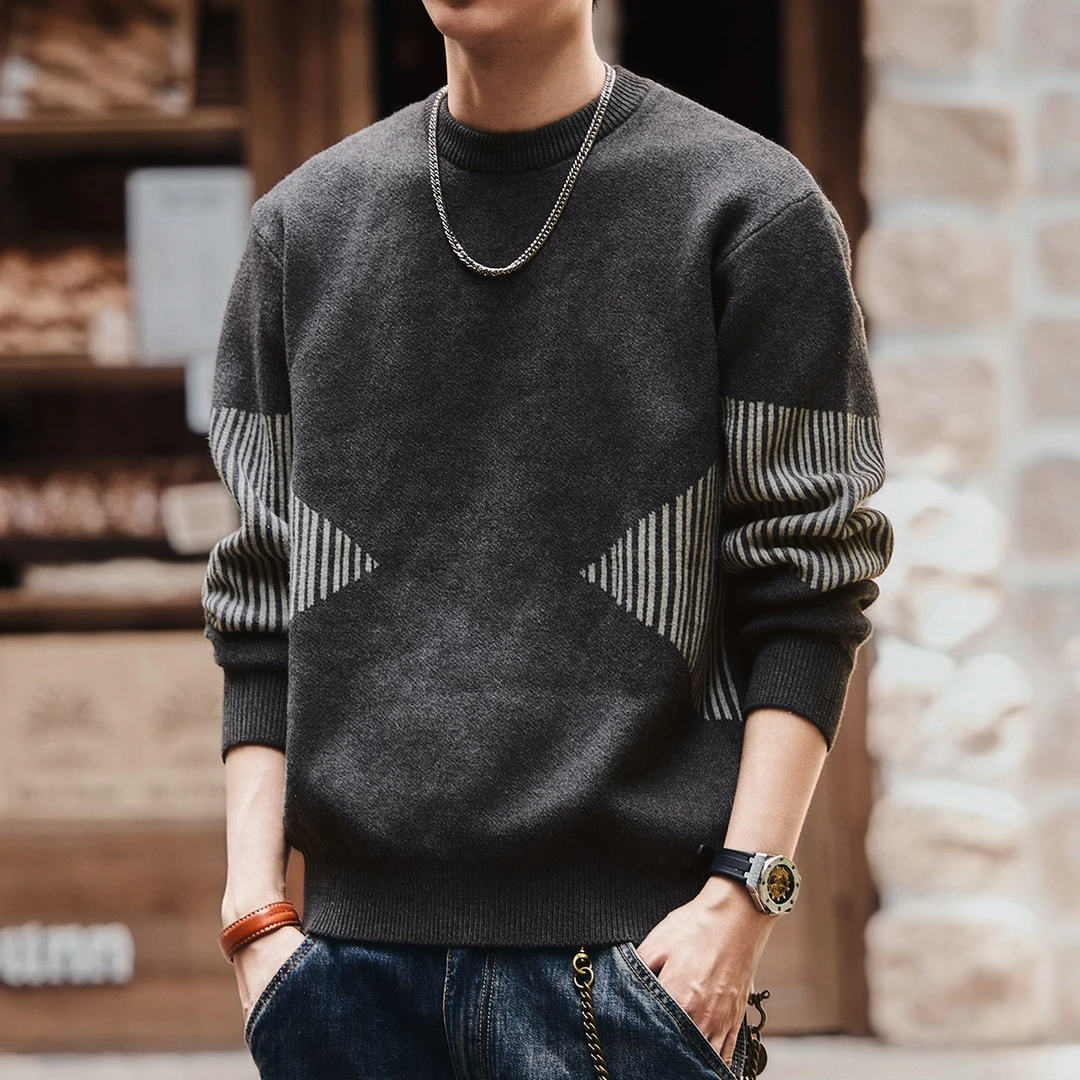 格蓝鹿美式重磅复古拼色圆领毛衣男士秋冬新款宽松套头长袖针织衫
