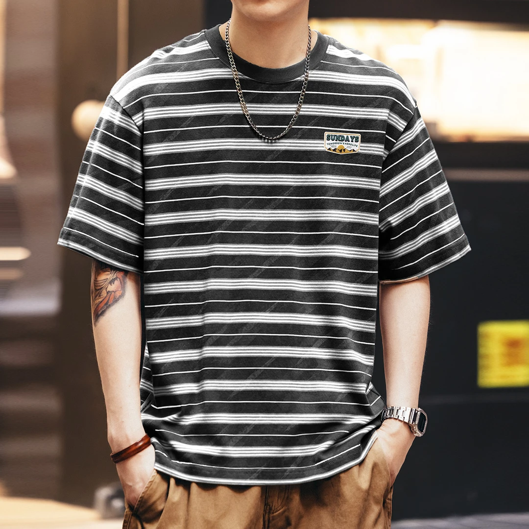 格蓝鹿重磅拼色条纹短袖T恤男美式复古夏季潮牌宽松纯棉半袖体恤