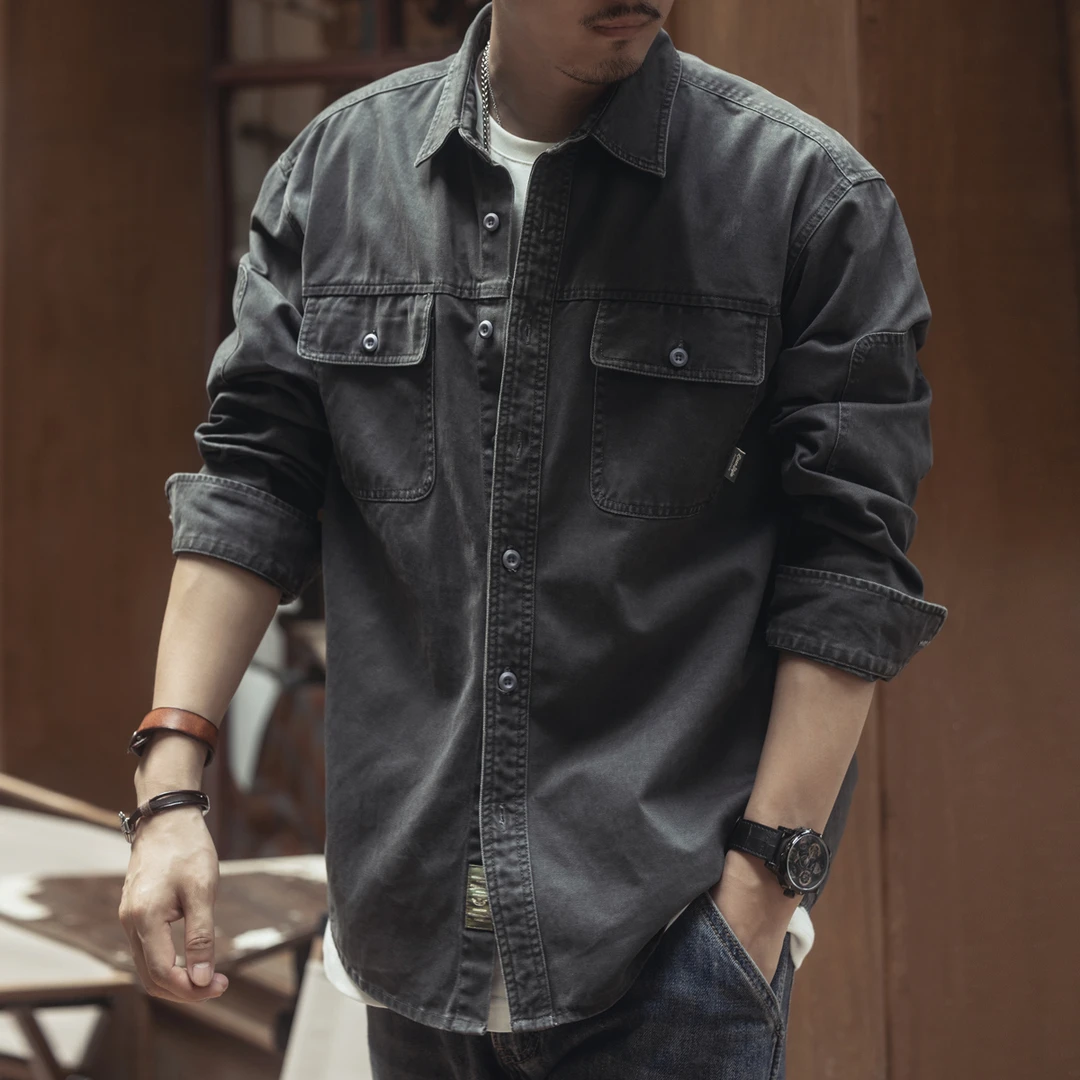 美式复古工装长袖衬衫男春秋潮牌夹克宽松猎装硬汉牛仔衬衣外套男