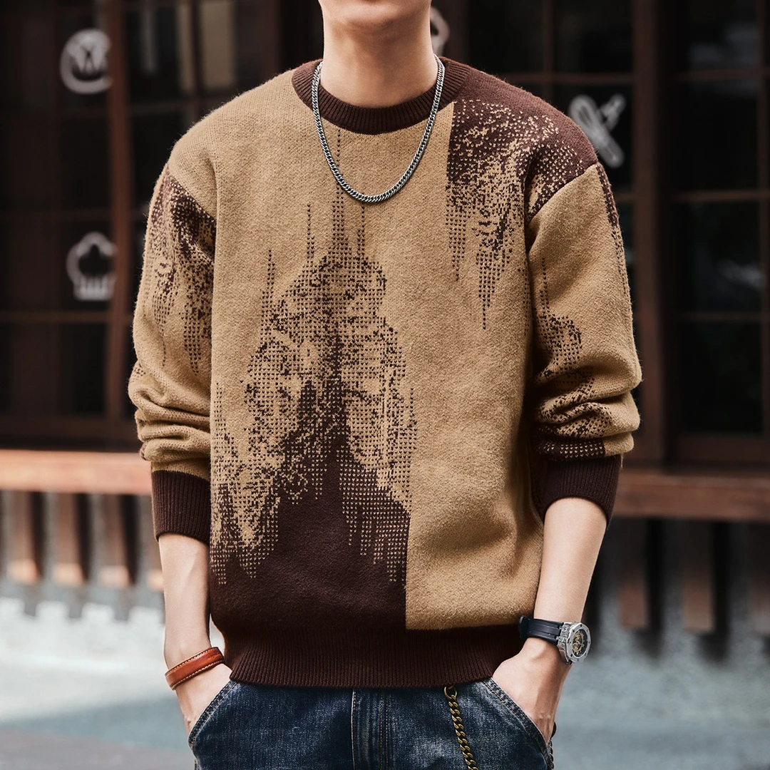 格蓝鹿美式复古重磅舒适柔软毛衣男士秋冬季宽松慵懒风圆领针织衫