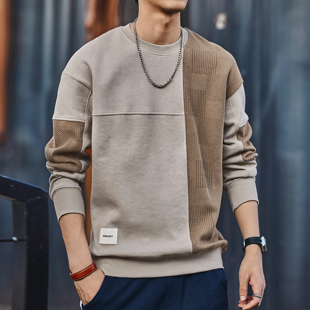 格蓝鹿高端日系设计感重磅拼接圆领卫衣男士宽松秋冬新款潮流男装