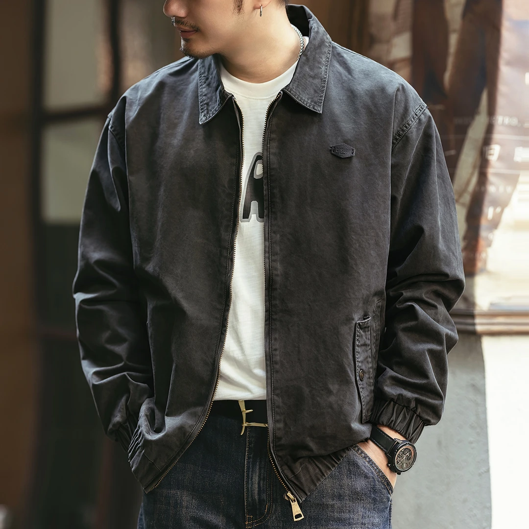 格蓝鹿重磅斜纹帆布水洗翻领教练夹克男春秋新款宽松猎装痞帅外套