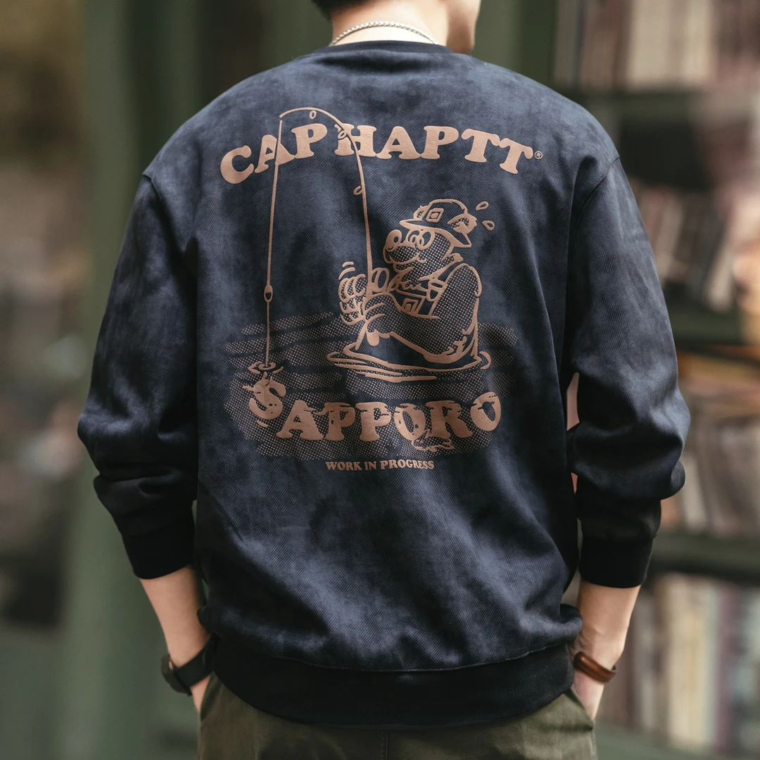 格蓝鹿美式复古印花卫衣男秋冬潮牌宽松休闲纯棉圆领长袖T恤男装