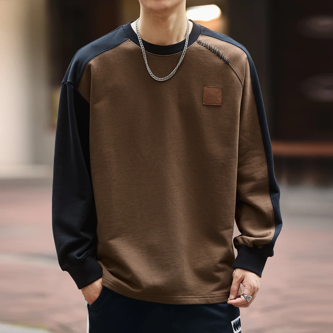格蓝鹿美式420g重磅拼接设计长袖T恤男秋季潮牌撞色宽松休闲上衣