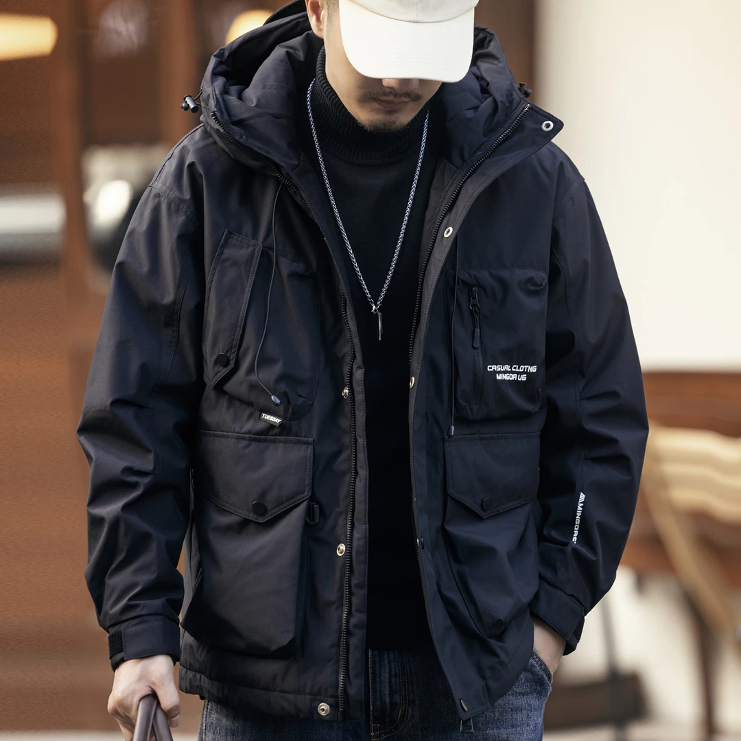 格蓝鹿高端美式连帽黑色工装羽绒服男冬季保暖休闲情侣工装外套男