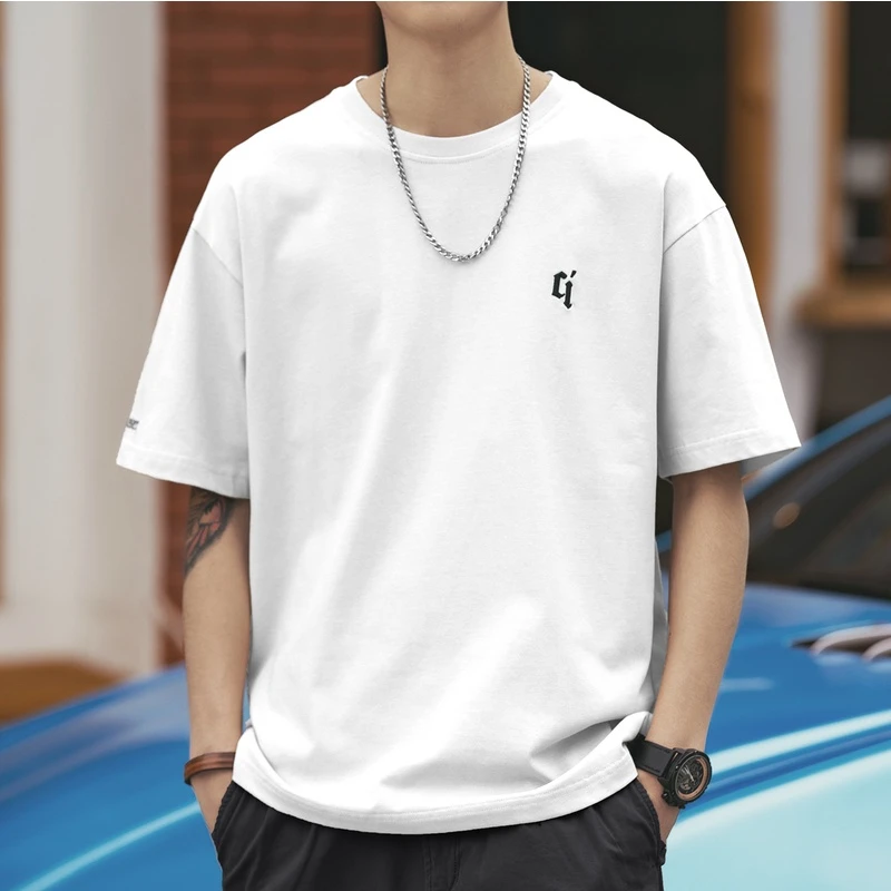 格蓝鹿300g重磅短袖t恤男夏季潮牌宽松刺绣体恤美式纯棉五分半袖