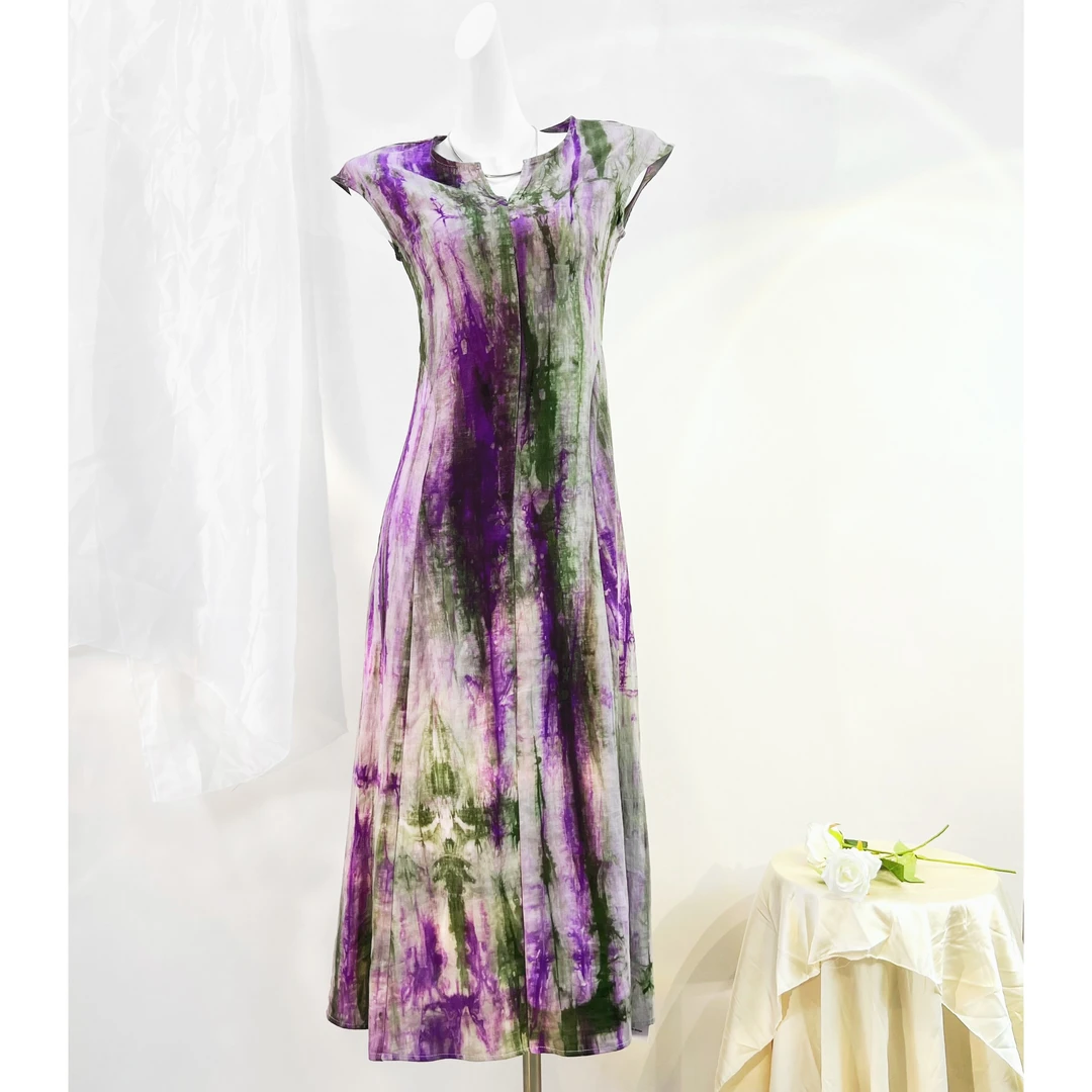 【LLJR】清冷系简约高级设计扎染感印花飞袖连衣裙D609