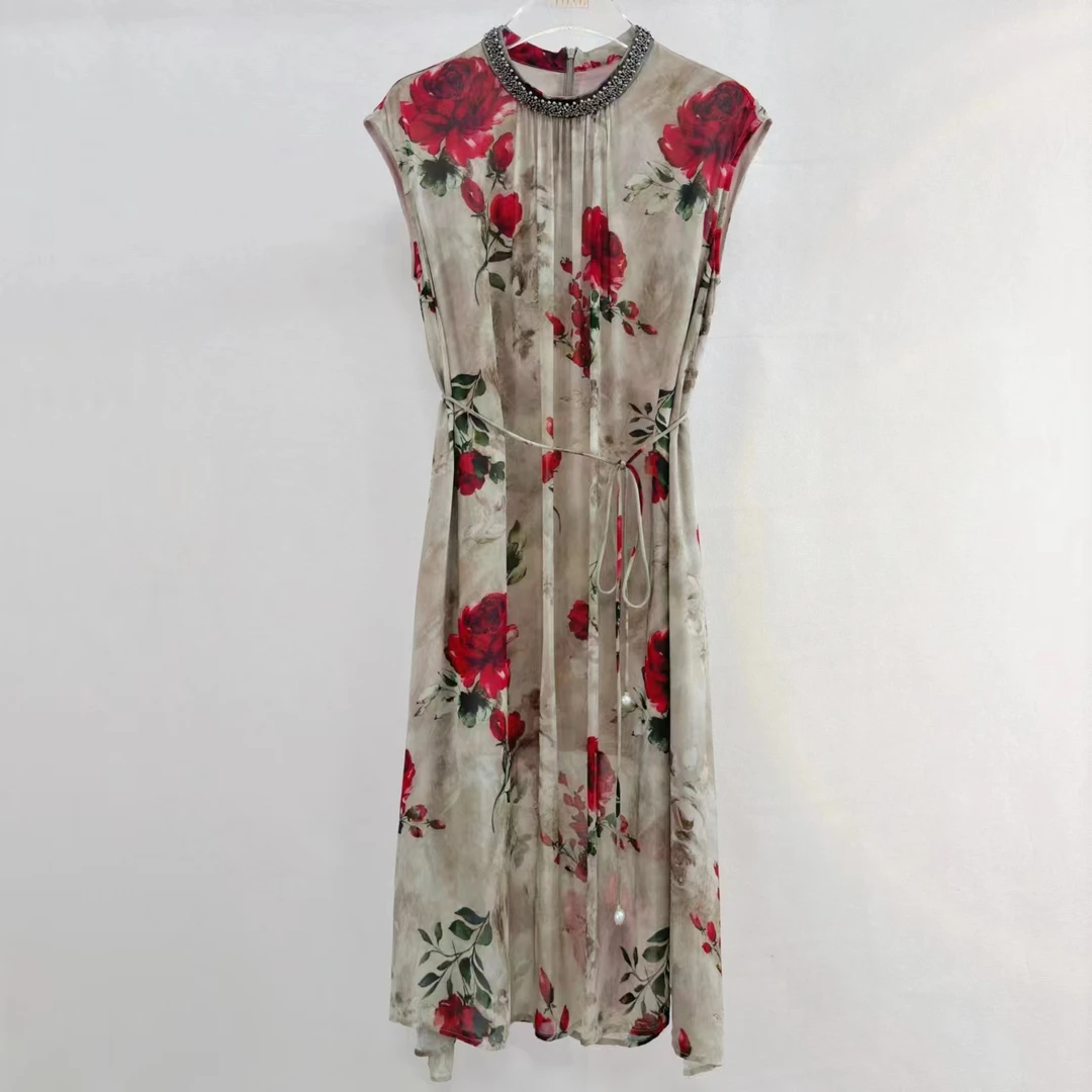 【千慧】夏季新款茶歇法式松绿玫瑰花连衣裙D760