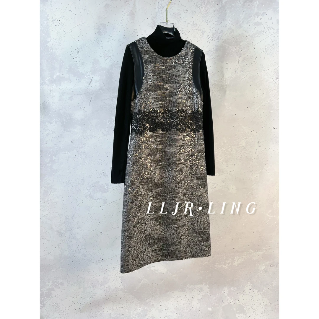 【臻丝】秋冬新款高级灰圆领无袖气质重工连衣裙D1056