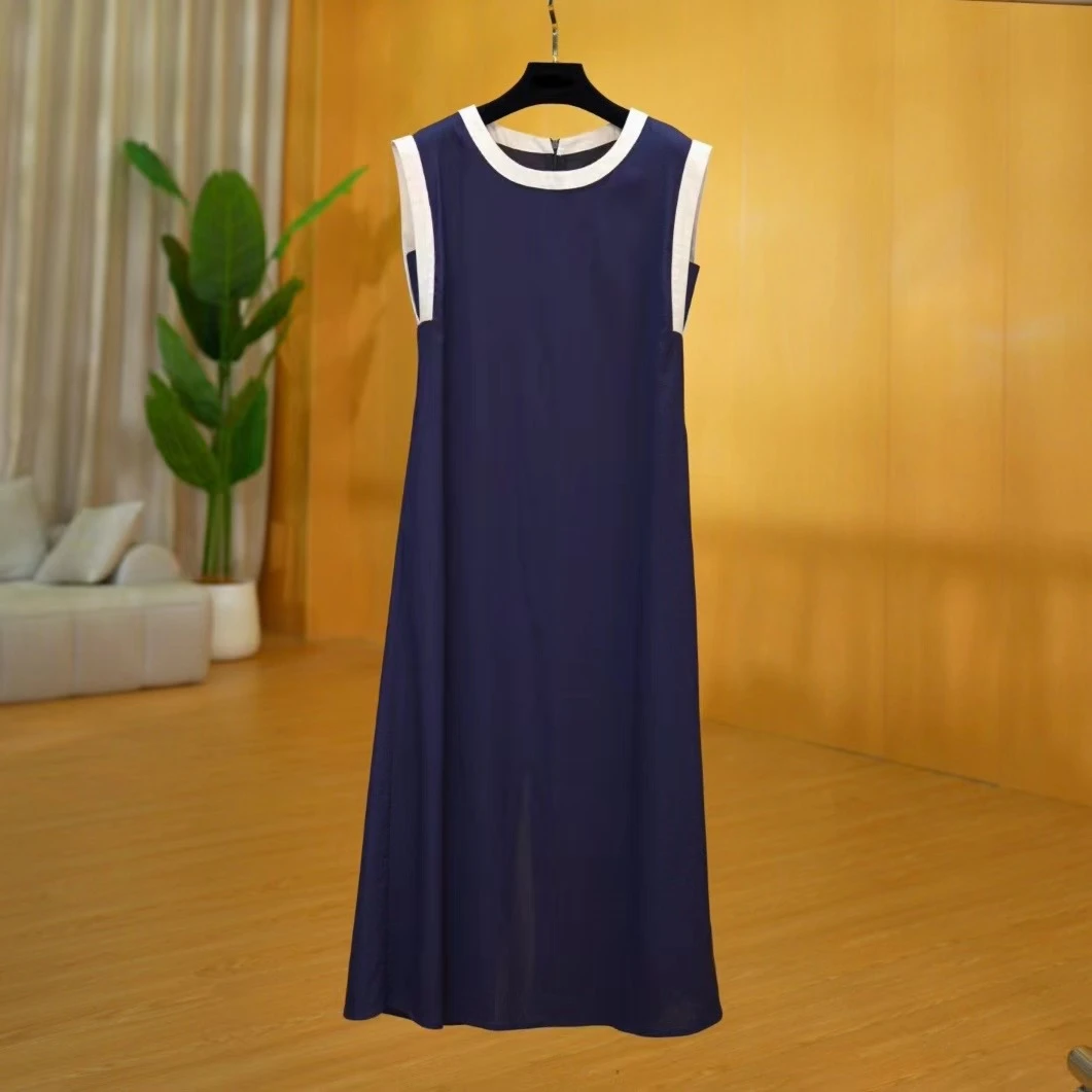 【Chris】天丝+亚麻~夏季新款藏蓝色无袖背心高级感连衣裙D820