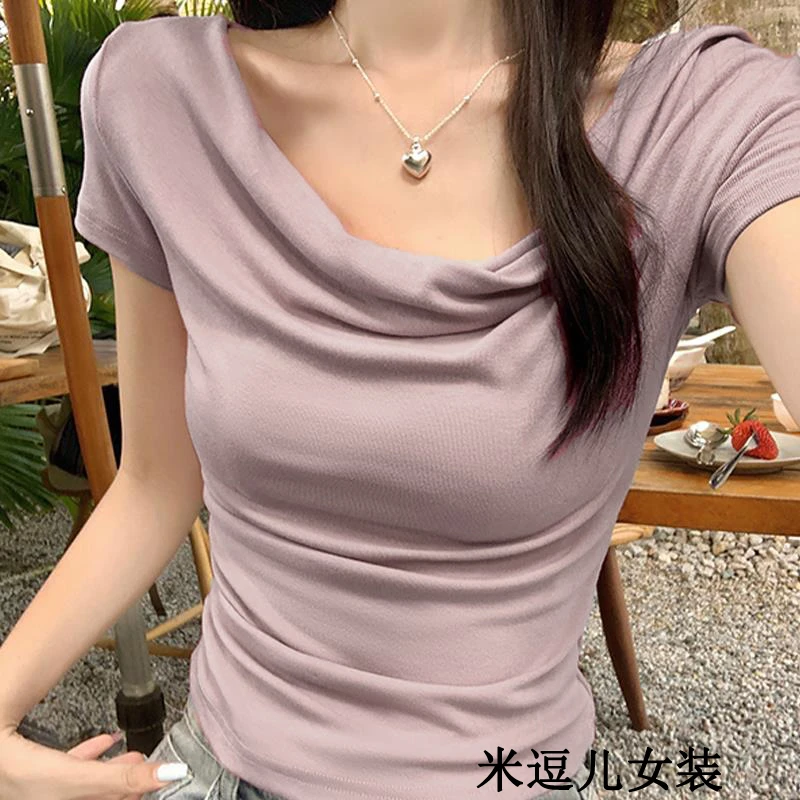 纯欲少女露肩弹力显瘦修身上衣夏季吸睛好看短袖恤女性感撩人女装