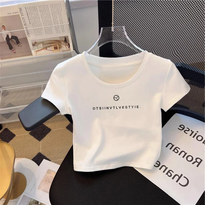 V领短袖T恤女上衣白色短款夏季小众修身设计感印花辣妹露脐装时尚