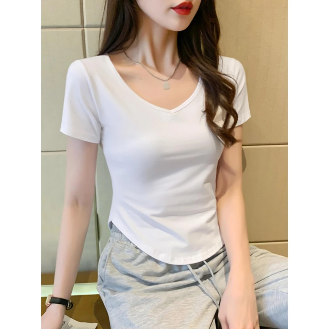 白色短袖恤女V领夏装修身显瘦T恤小众设计弧形下摆弹力上衣纯色潮
