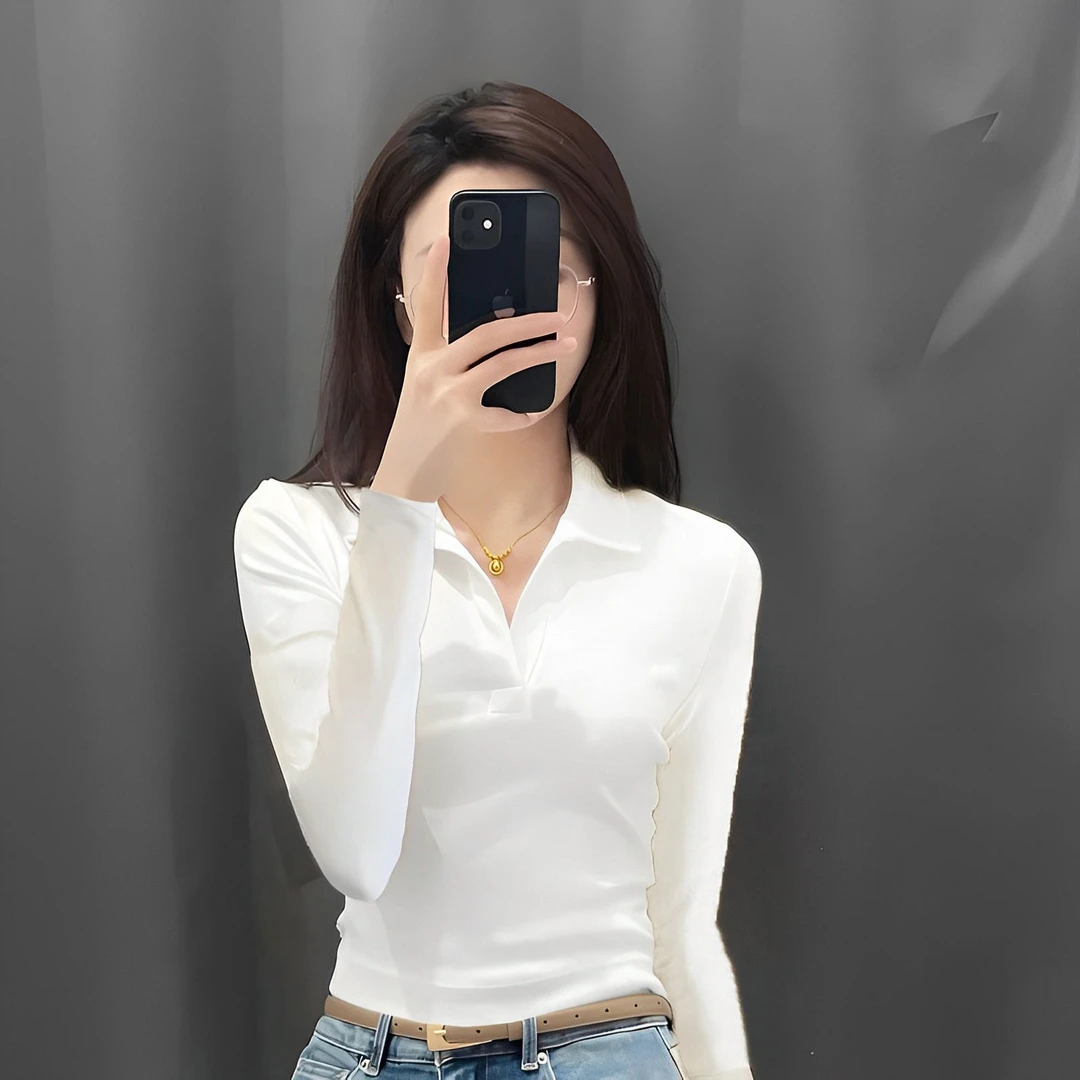正肩无扣Polo领长袖T恤女春秋修身运动打底衫翻领上衣设计感ins潮
